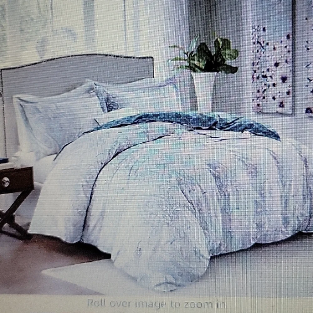 JUCFHY Duvet 1 Cover 2 shams set Queen Blue Paisley Damask 600 Thread Count New…